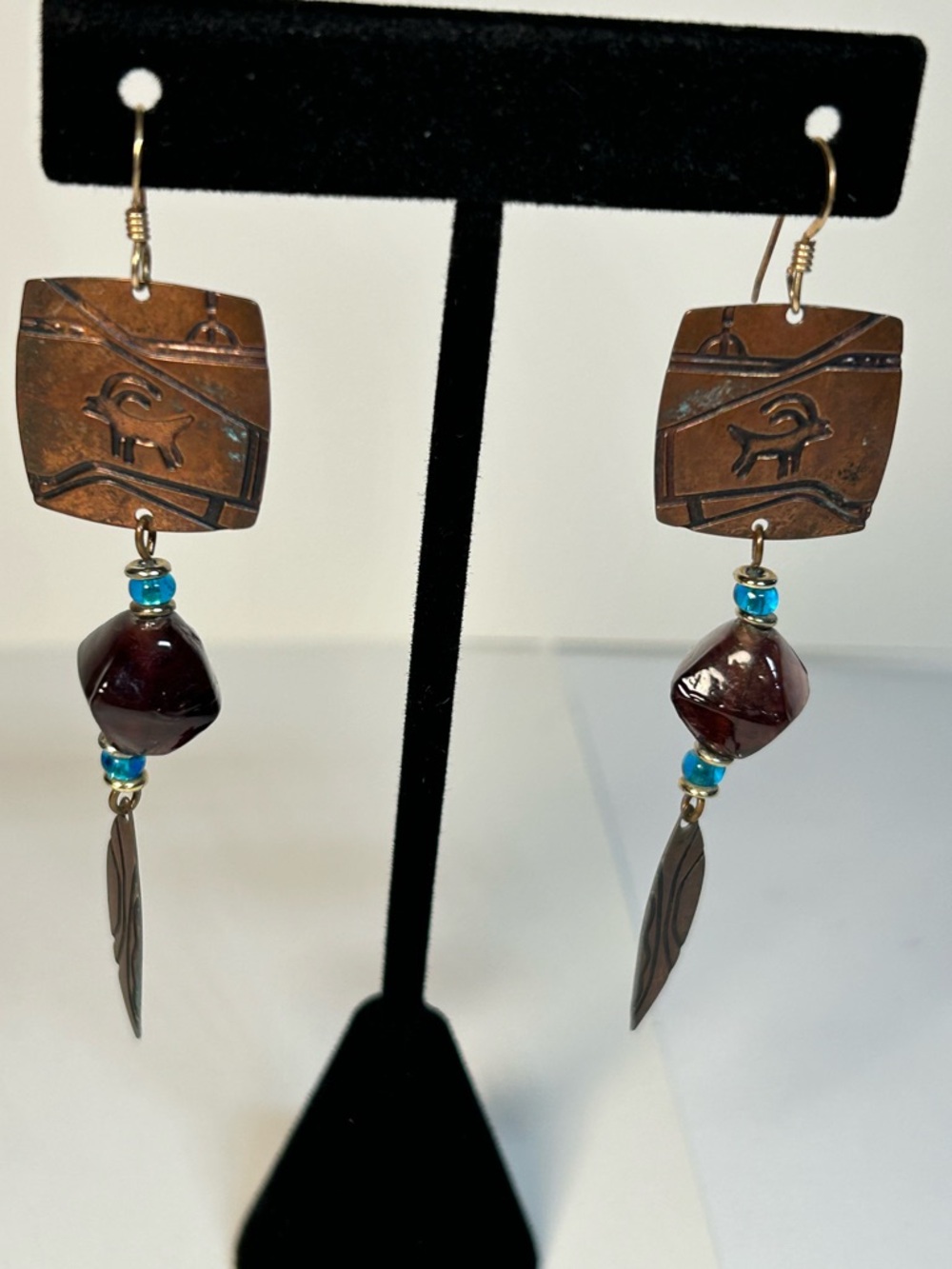 Handcrafted Copper and Glass Bead Dangle Earrings with Blue Accents Signed Kyle
